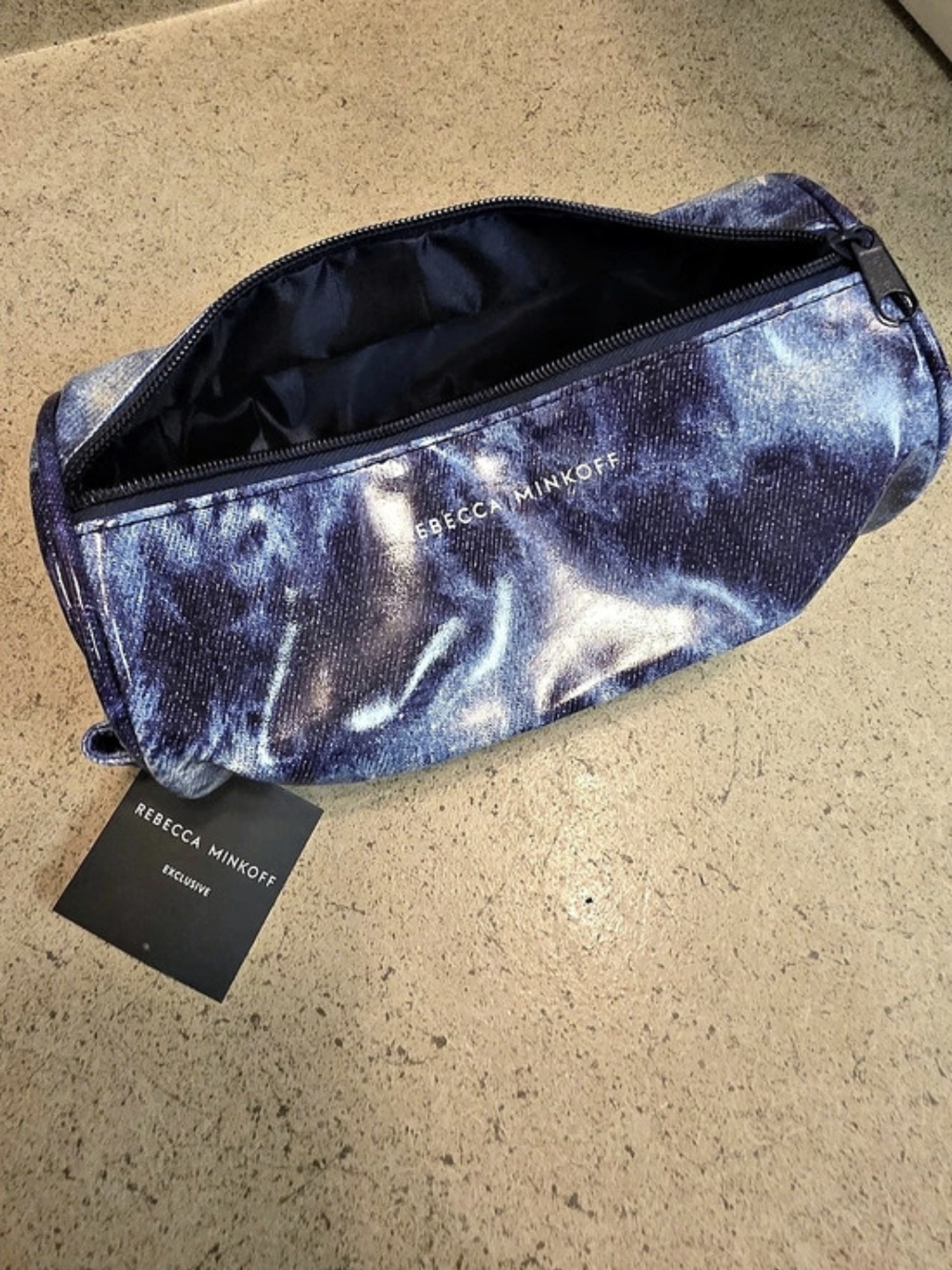 Rebecca Minkoff Denim Blue Tie Dye Cylinder Makeup Pouch